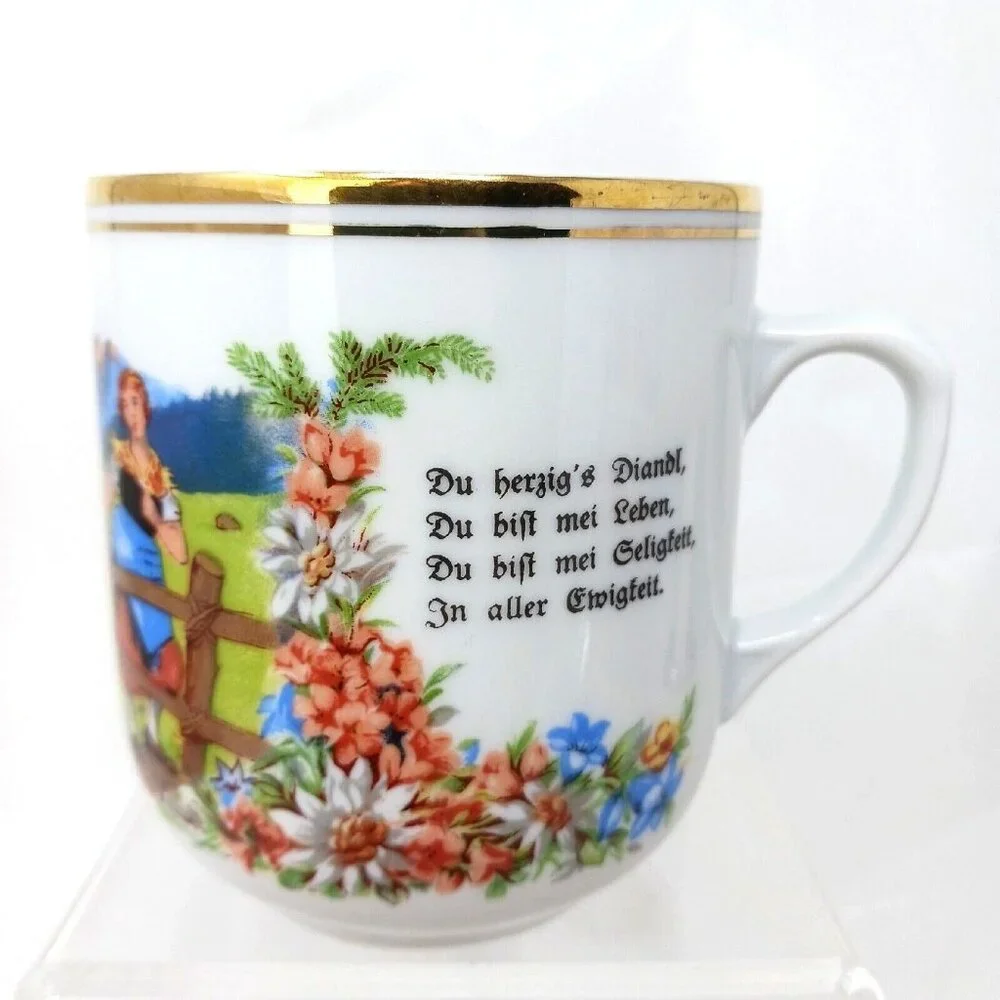 Hungarian Fairy Tale Cup Mug Porcelain Courting Couple Vintage Gold Trimmed #S2